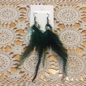 Green and Gold Feather Earrings